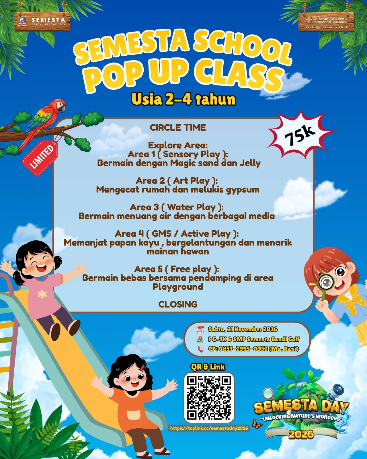 Poster Pop Up Class usia 2–4 tahun: lima area bermain, 75k, tempat terbatas