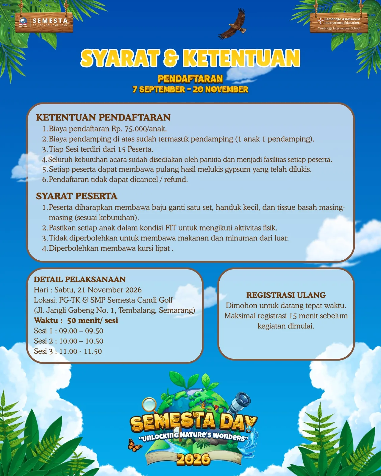 Poster syarat dan ketentuan: ketentuan pendaftaran, syarat peserta, detail pelaksanaan, dan registrasi ulang